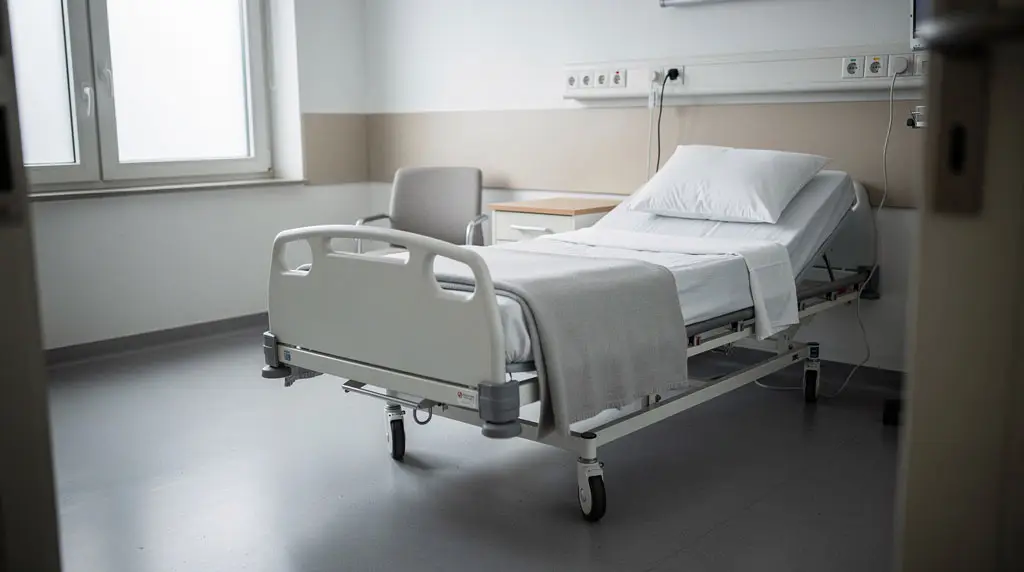 Leeres Krankenhausbett in ruhigem Zimmer als Symbol für einen Todesfall im Krankenhaus