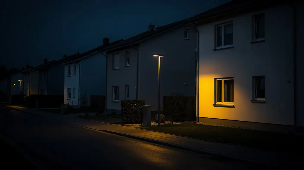 Ruhige Hausfassade bei Abend- oder Nachtstimmung als Symbol für einen Todesfall außerhalb üblicher Zeiten
